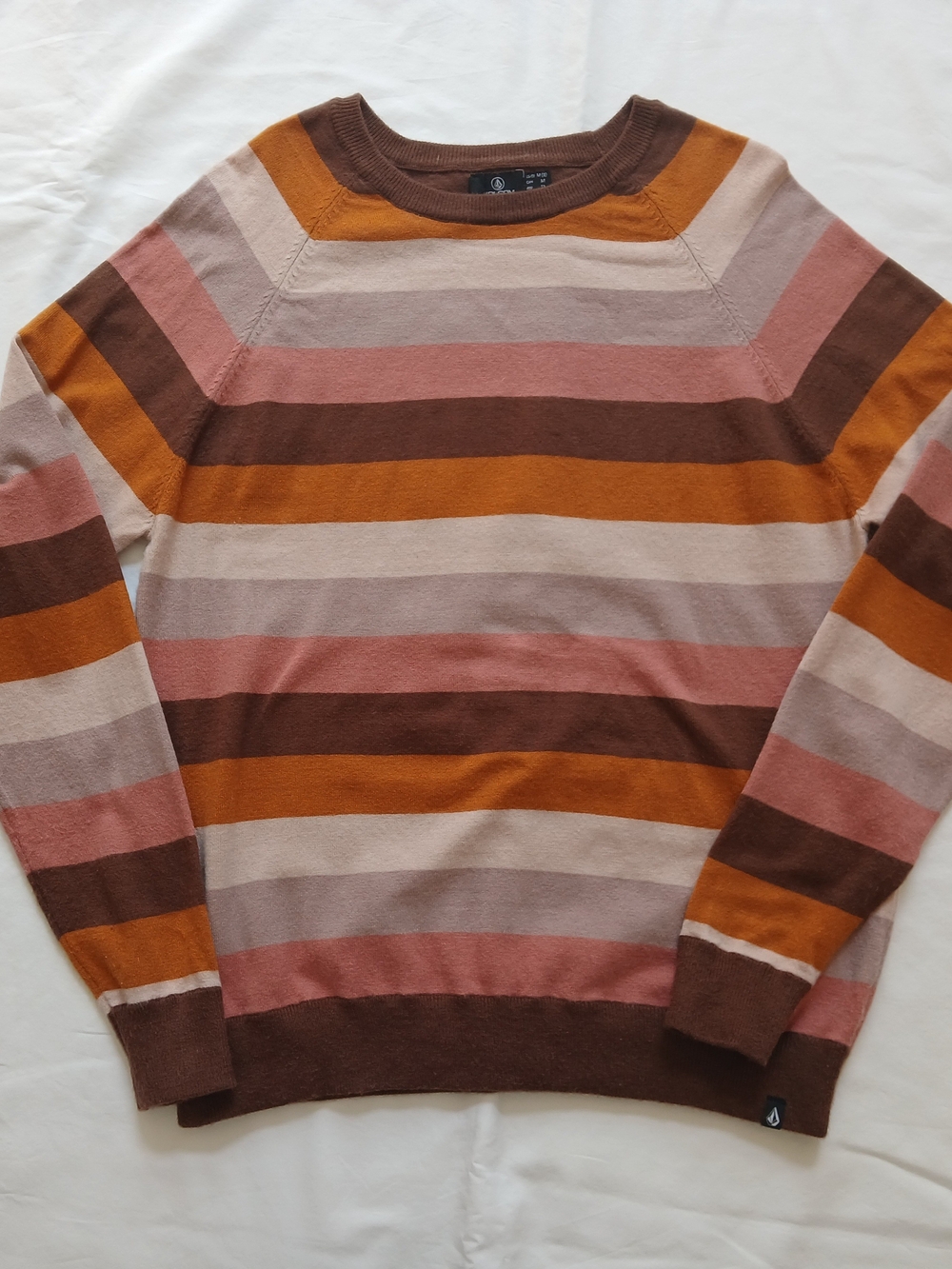 Volcom Striped Crewneck Sweater in Brown, Rust and Pink